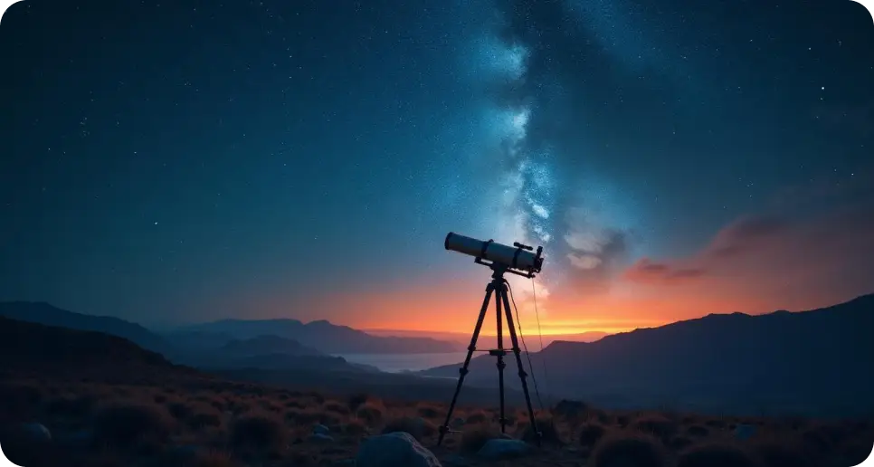 a telescope on a tripod in front of a sunset