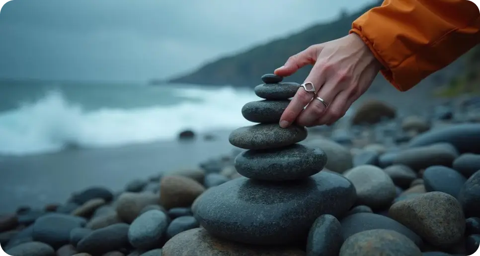 a person stacking rocks on a beach