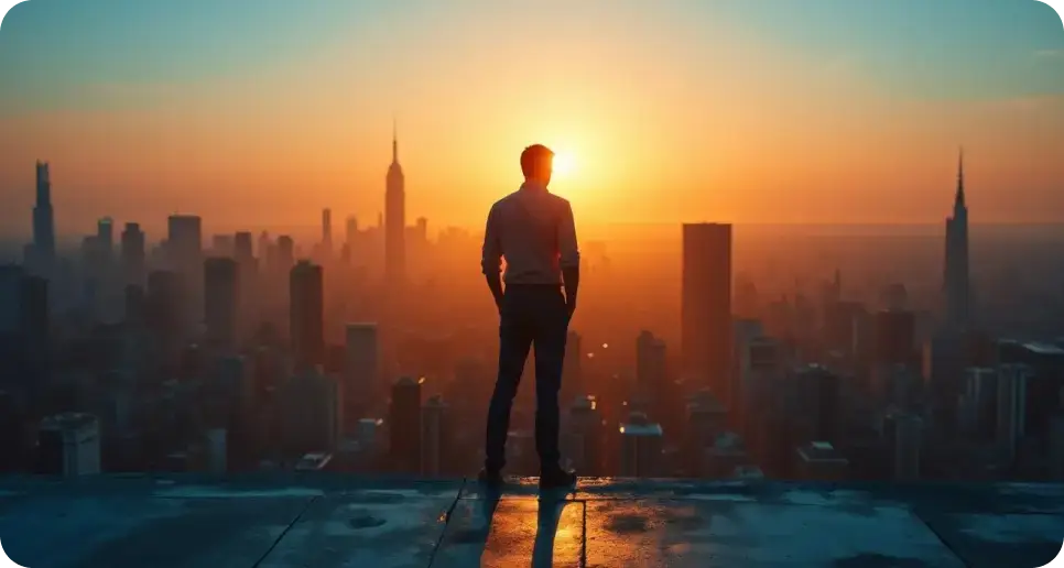 a man standing on a rooftop looking at the sun